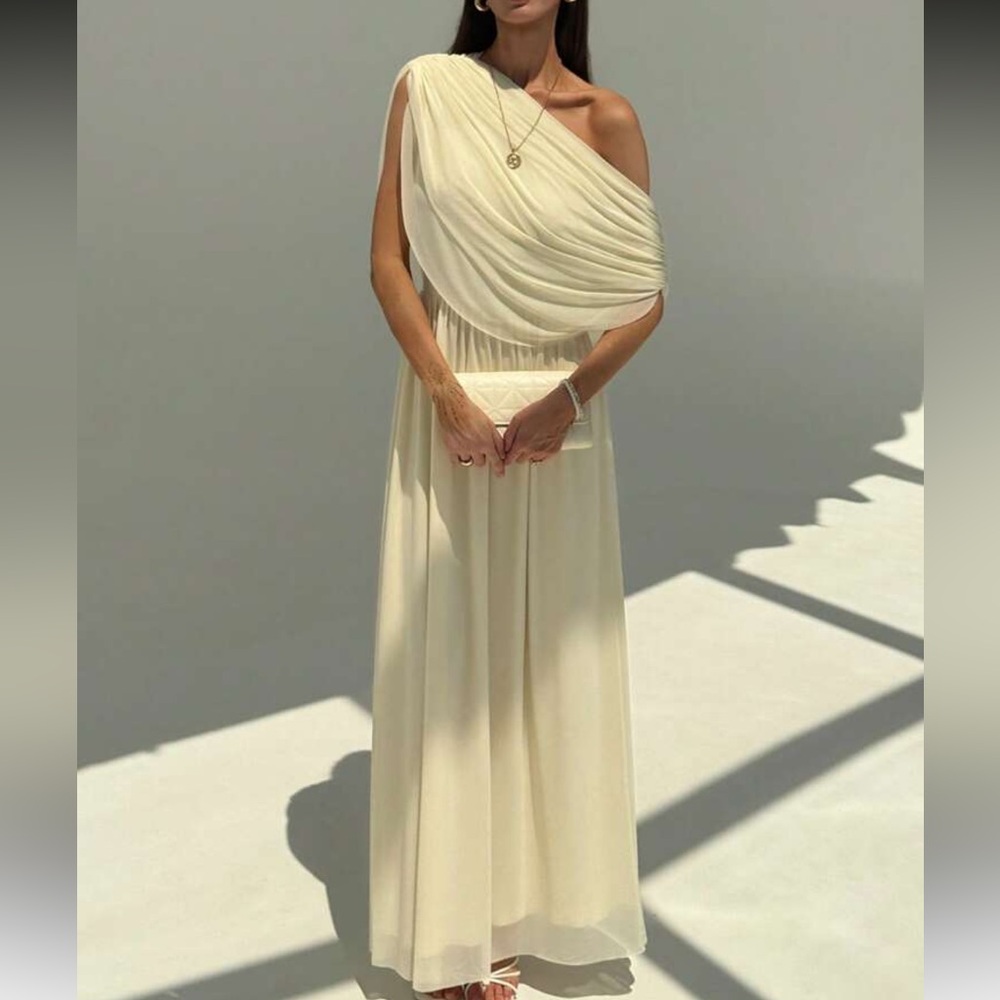 Cream butter yellow mesh ruched asymmetrical draped semi formal maxi dress - Picture 5 of 7
